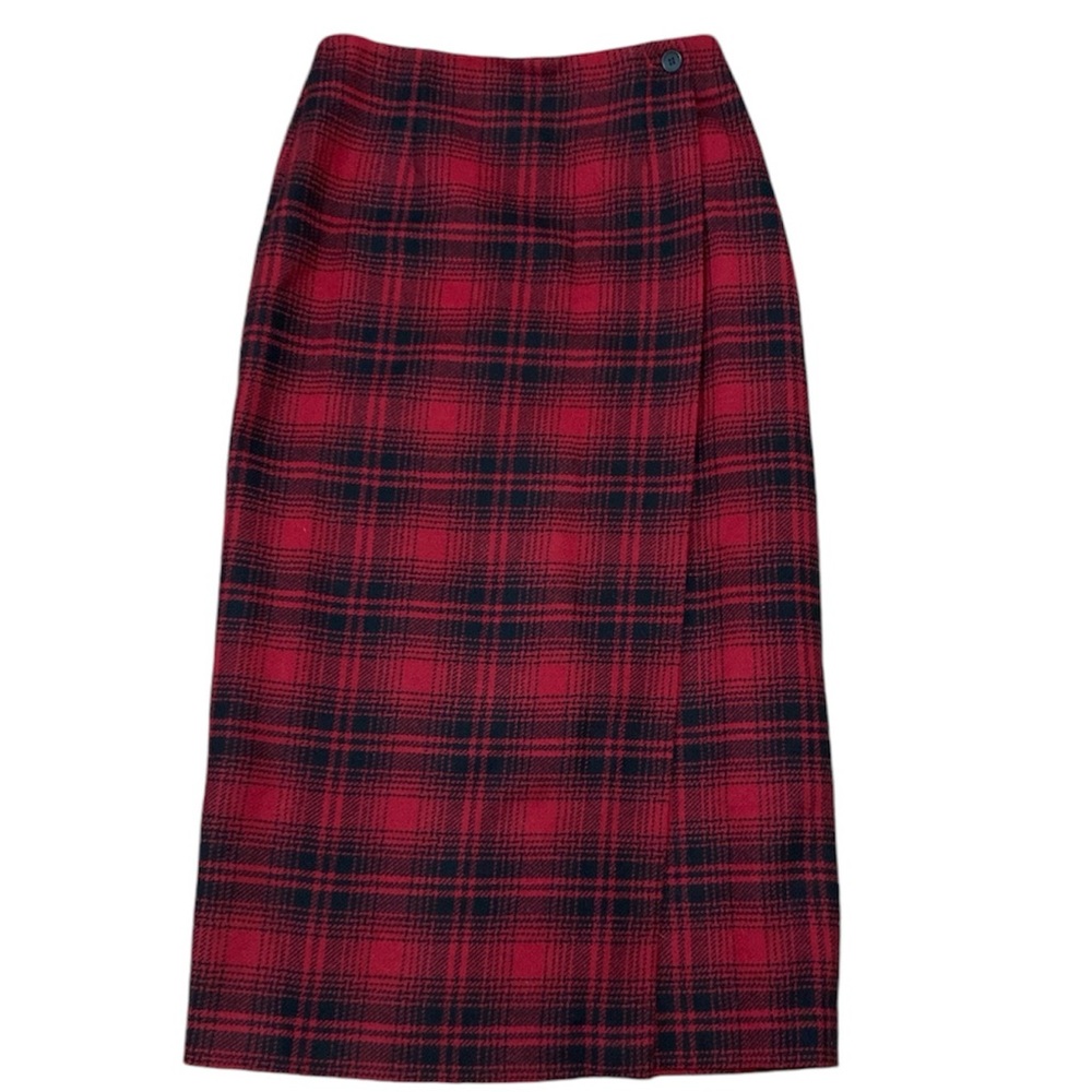 Talbots red and black plaid wool wrap maxi skirt